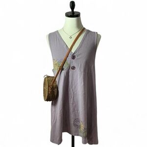 Vintage Blue Fish Sleeveless Lavender Dress Embroidered Flowers Boho‎ Hippie